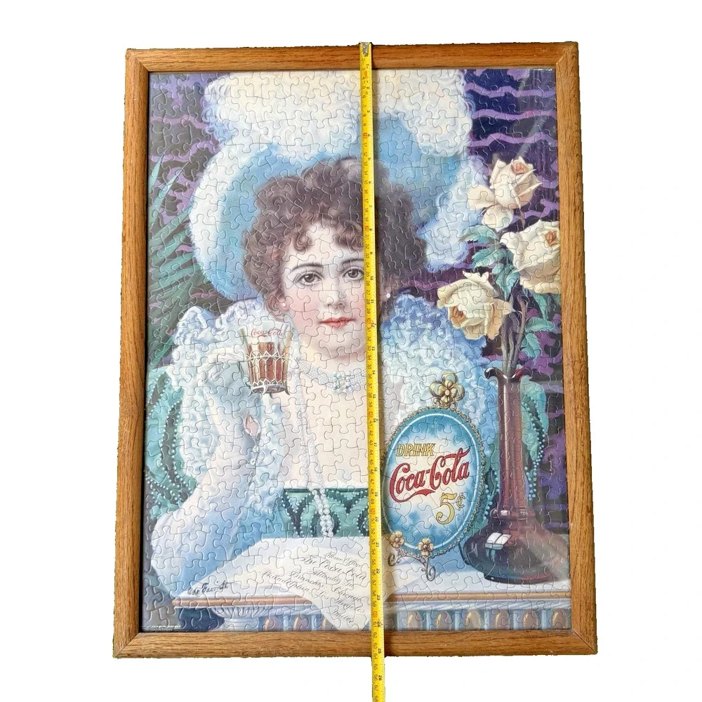 Vintage 1980s Coca-Cola Fountain Girl Jigsaw Puzzle Large Framed Portrait